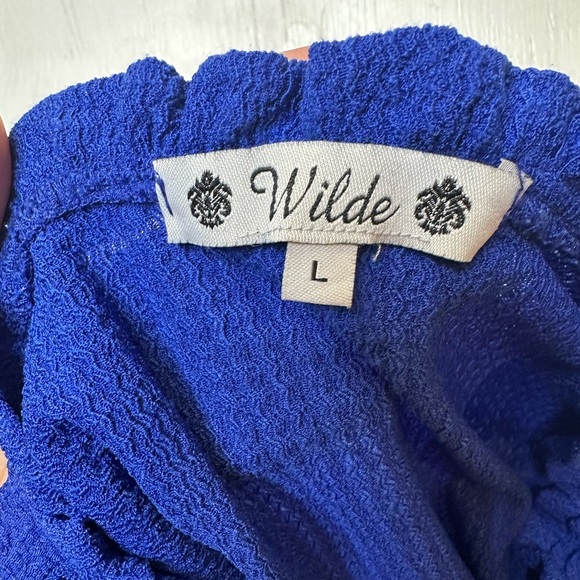 Wilde Royal Blue Sleeveless Smocked Henley Top L Ruffle Trim Button Front - Picture 7 of 8